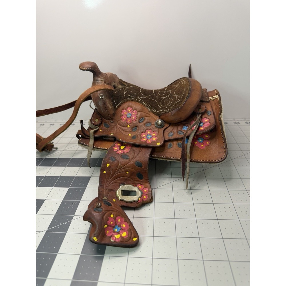 Vintage Hand Tooled Leather Miniature Saddle Mexican Folk Art Doll Toy Decor